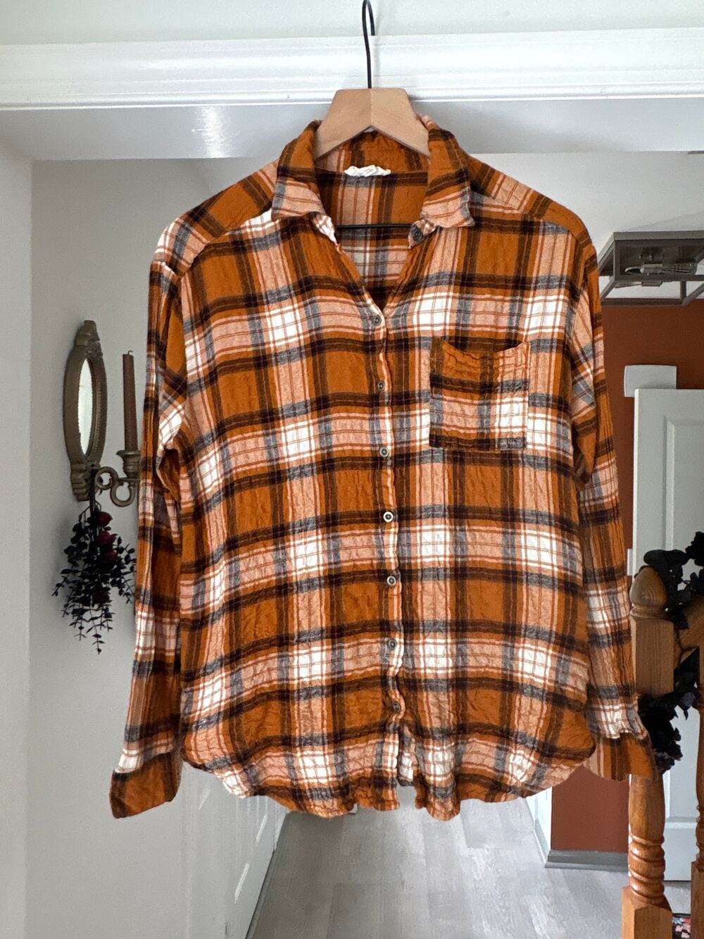 Jane + Delancey Orange Crinkle Plaid Button Down Top Medium Fall Autumn Rustic
